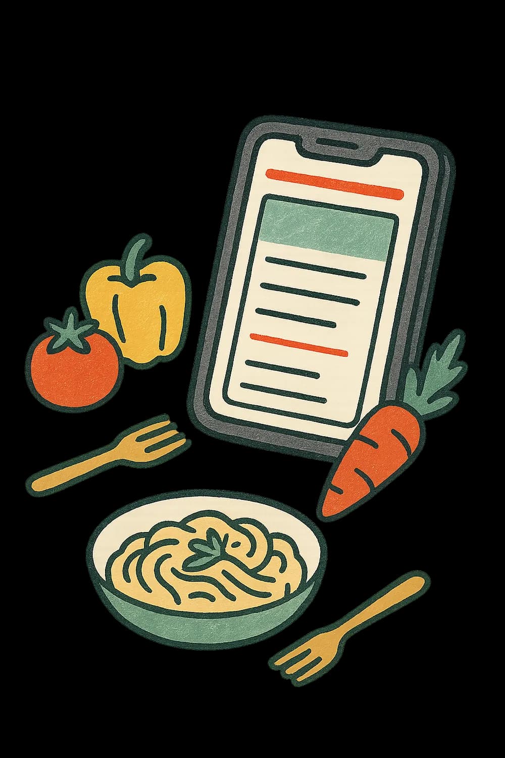 A phone showing a Dinr meal plan, surrounded by vegetables and a bowl of pasta